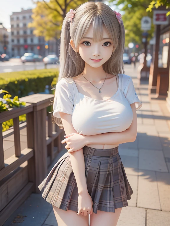 Female college student、22 years old、alone、(Browsing Caution:1.3), ((masterpiece)), ((Highest quality)), (Very detailedな), ((cute)), cute, (Lovely), ((Very detailed)), 4K, (8K), Highest quality, (beautiful), hyper cute face, shape, hyper Genuineistic, Genuine, (((From below))), whole body, Between the Skyscrapers, (1 Girl, cute girl:1.5), (Female college studentのファッション:1.5),(Polo shirt、Pleated skirt)、((White panties))、sneakers、 beautiful light brown hair, beautiful brown eyes, ((beautiful eyes)), (the wind is strong, Hair is shaking, The skirt is flipped up and the underwear is visible:1.3), short hair, (((Big Breasts))), ((Device tick type))、(Wearing (Showing panties to the camera))、