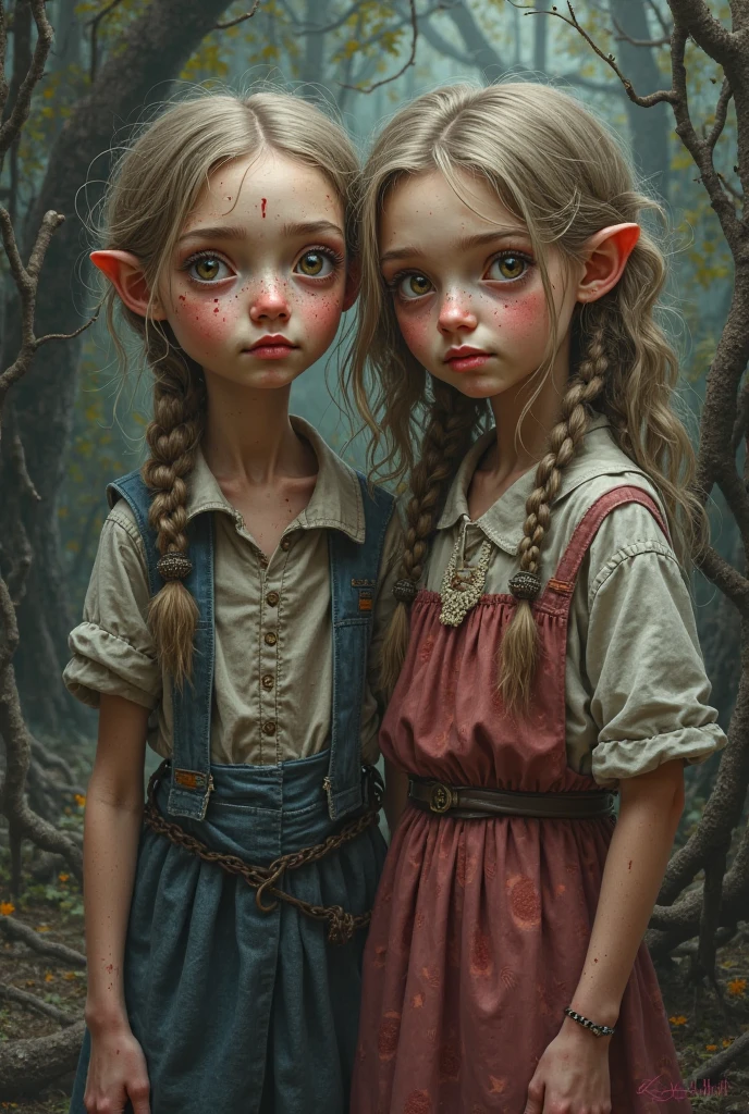 Two elf children, a boy and a girl, about 10 years old, dressed as commoners, each with sad expressions. 