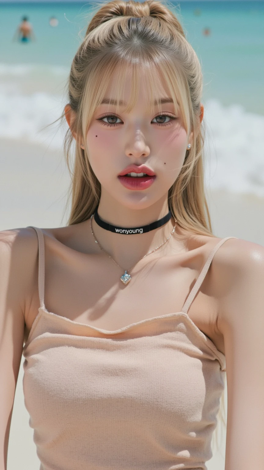 1girl, (Blue Eyes), smiling, (Sana Minatozaki), wide hips, Big Boobs, big ass, (Best Quality, 8k, Masterpiece: 1.3), Clear Focus: 1.2, Perfect Body Beauty: 1.4 , Slender Abs: 1.2, Highly detailed face and skin texture, detailed eyes, double eyelids, (extreme close-up at chest:1.4), showing the tits, (red lips), (blonde long hair), (skull necklace), (sparkly earrings), (cleavage black tanktop)