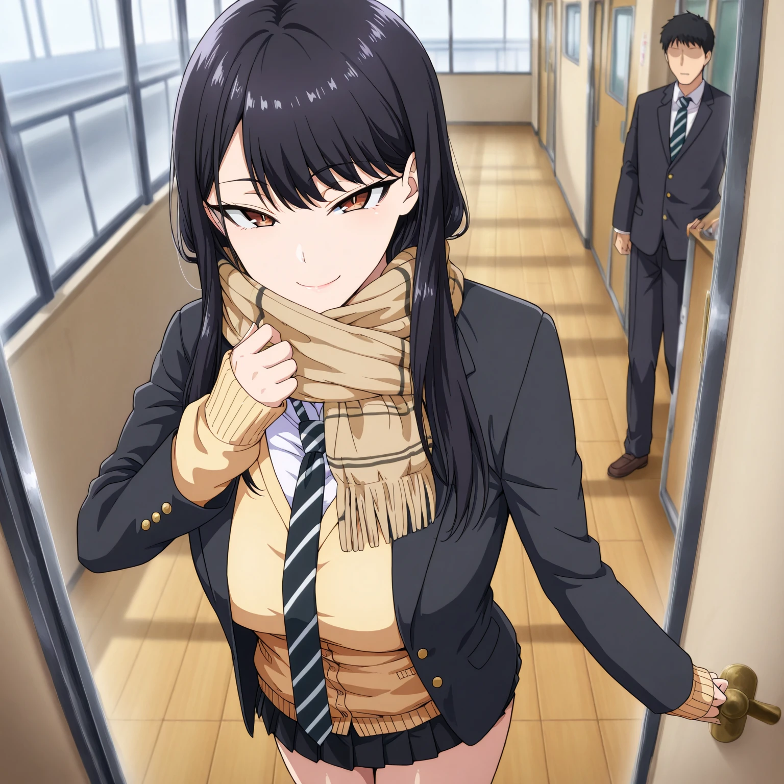 Masterpiece, better quality, indoors, movie lighting, amazing quality, very aesthetic, extremely high resolution, better quality, 4k, deluxe, school uniform de hikari kuroda , Alone , skirt, long sleeves, Standing, jacket, school uniform, pleated skirt, open clothes, tie, black skirt, miniskirt, if, scarf, open jacket, black jacket, sweater, past sleeves wrists , cardigan, blazer, rails , Seductive smile, tsurime eyes , striped tie, fringed ornament , yellow sweater, brown scarf, outdoor,