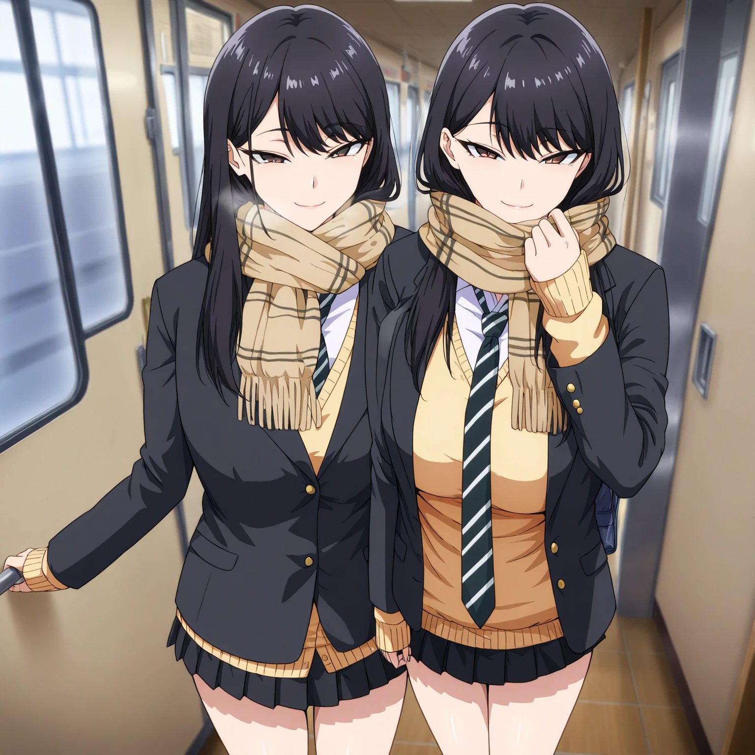 Masterpiece, better quality, indoors, movie lighting, amazing quality, very aesthetic, extremely high resolution, better quality, 4k, deluxe, school uniform de hikari kuroda , Alone , skirt, long sleeves, Standing, jacket, school uniform, pleated skirt, open clothes, tie, black skirt, miniskirt, if, scarf, open jacket, black jacket, sweater, past sleeves wrists , cardigan, blazer, rails , Seductive smile, tsurime eyes , striped tie, fringed ornament , yellow sweater, brown scarf, outdoor,