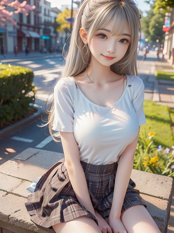 whole body、Nude,Sexy、Sexy cute looks and cute 15 year old beautiful girl, Beautiful and sexy face、A strong wind blows my hair in front of my face、Beautiful long straight greyish-beige hair with beautiful, cute and sexy eyes hidden by long bangs、Completely naked、See-through,Light blue eyes、Shorts、White T-shirt、Down blouse、When she bows, her breasts are visible through her chest.、