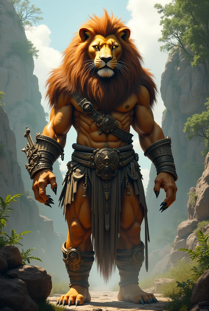 A Lion with a straw hat with armor and a human's body