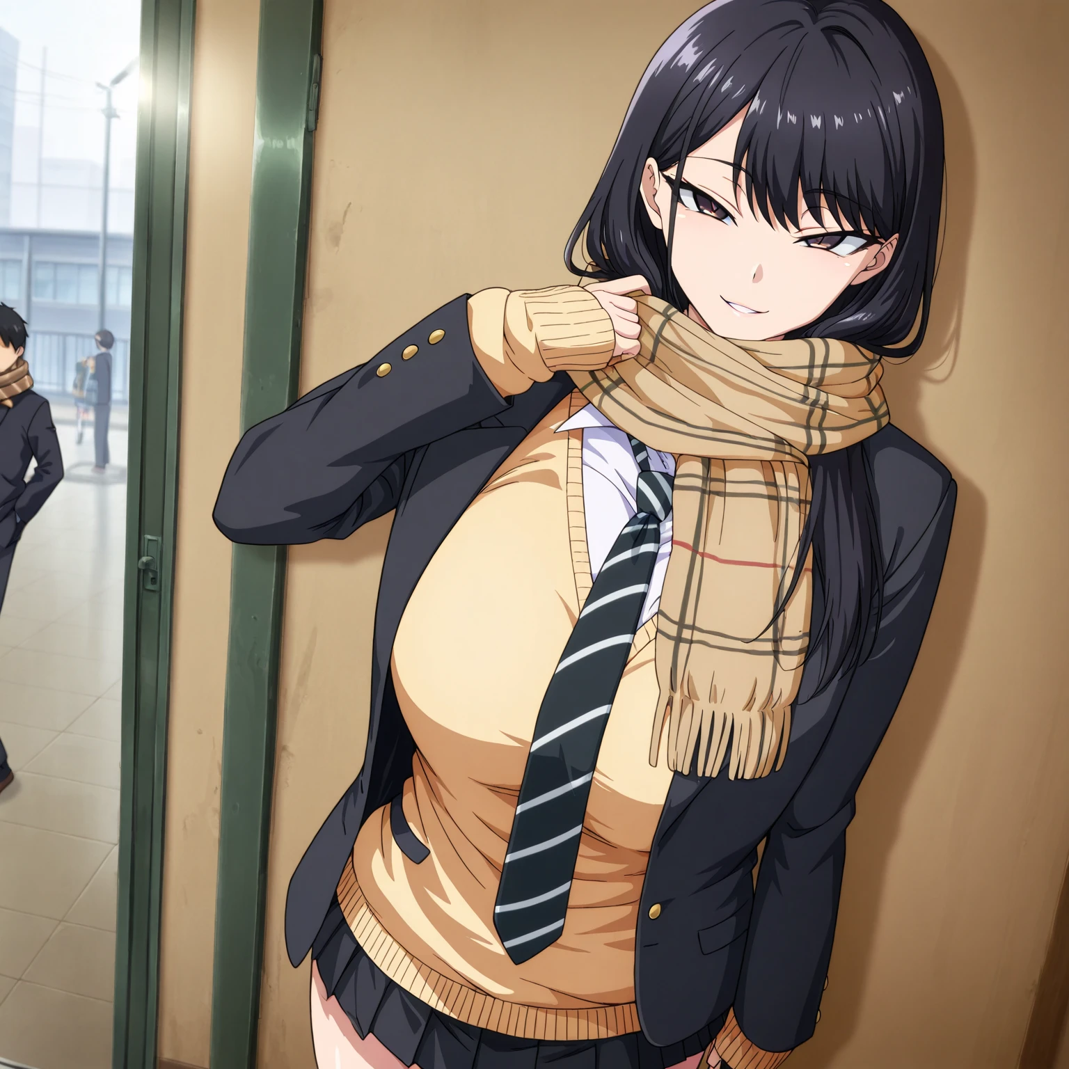 Masterpiece, better quality, indoors, movie lighting, amazing quality, very aesthetic, extremely high resolution, better quality, 4k, deluxe, school uniform de hikari kuroda , Alone , skirt, long sleeves, Standing, jacket, school uniform, pleated skirt, open clothes, tie, black skirt, miniskirt, if, scarf, open jacket, black jacket, sweater, past sleeves wrists , cardigan, blazer, rails , Seductive smile, tsurime eyes , striped tie, fringed ornament , yellow sweater, brown scarf, outdoor,