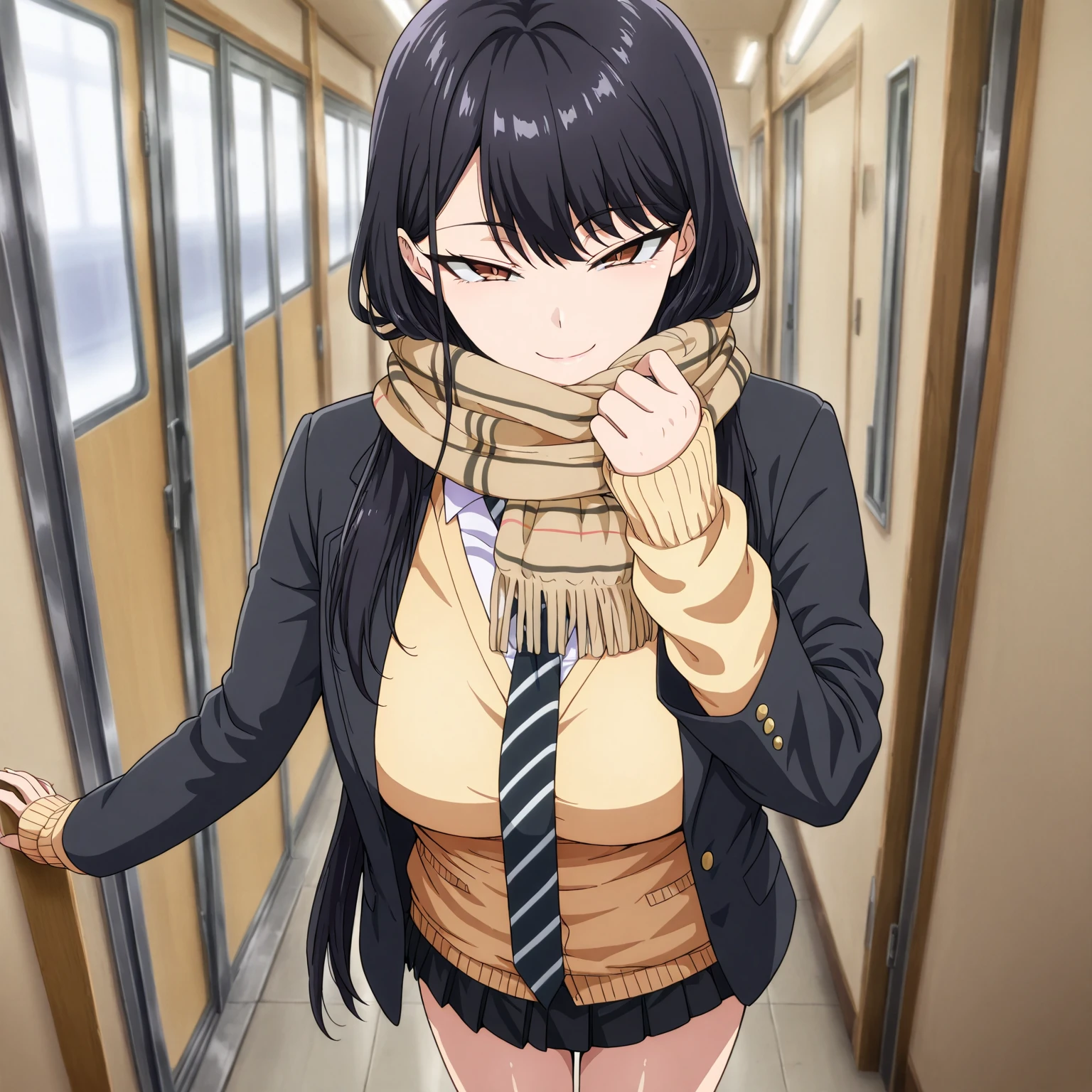 Masterpiece, better quality, indoors, movie lighting, amazing quality, very aesthetic, extremely high resolution, better quality, 4k, deluxe, school uniform de hikari kuroda , Alone , skirt, long sleeves, Standing, jacket, school uniform, pleated skirt, open clothes, tie, black skirt, miniskirt, if, scarf, open jacket, black jacket, sweater, past sleeves wrists , cardigan, blazer, rails , Seductive smile, tsurime eyes , striped tie, fringed ornament , yellow sweater, brown scarf, outdoor,