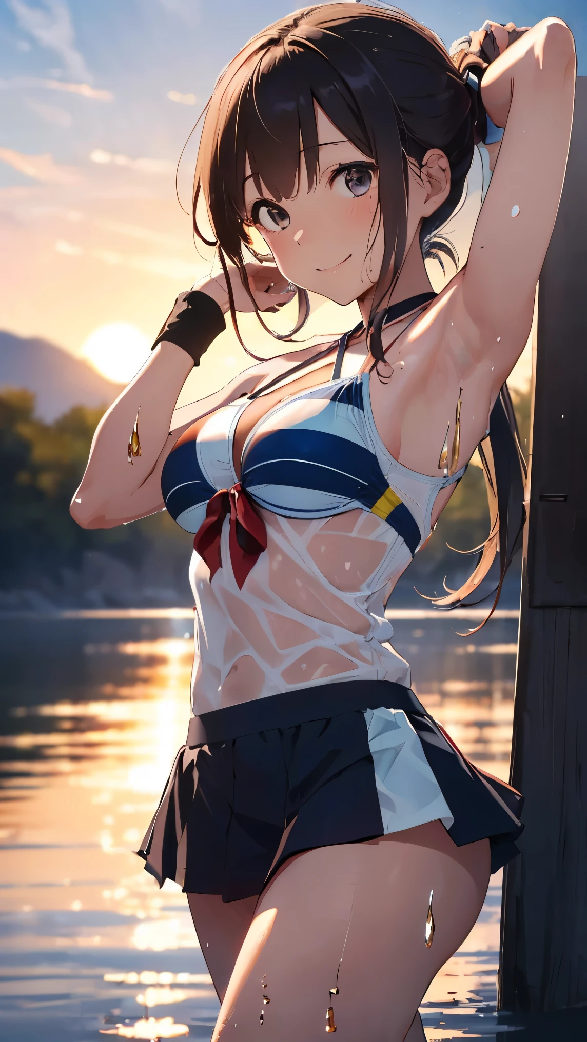 Genshin impact, ((Nilou:1.5), ((best quality, high resolution, distinct image)), (delicate illustration), 8k, 1girl, solo, extremely cute and beautiful, cowboy shot, (Crypto.com Arena background:1.3), indoor live stage, blush, breasts, wet, (yellow rubber full-zip jacket:1.3), (white tight tube-top:1.3), (black rubber shorts:1.3), detailed clothes, standing, spread arms, reaching out in the air, from below, (large breasts:1.25), (slim waist:1.3), (small butt:1.15), light grin smile, happy, breathing, humid, perfect anatomy, perfect proportion, seductive dancer posing, centered image, looking the viewer, facing the viewer, spread legs, open stance, frame the head, pink lipstick, detailed human body, perfect human body, presenting armpit, side boob, arm up,