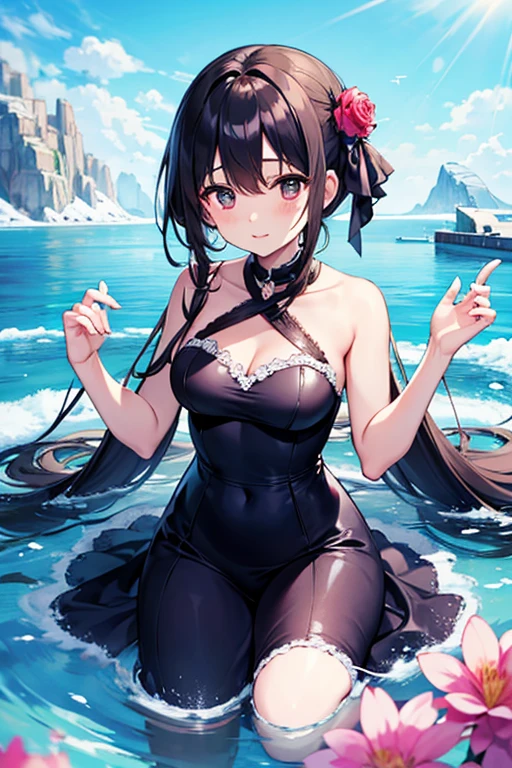 Kujou Sara| genshin impact, master-piece, bestquality, 1girls,25 years old, proportional body, proportional., Water set, Fabric swimwear, , ,bara, Beautiful sea, The sky is beautiful, View viewers from the front.,Sitting on the beach, Thigh strap, Head tilt, bored, 10, 10, HD, slight smile,