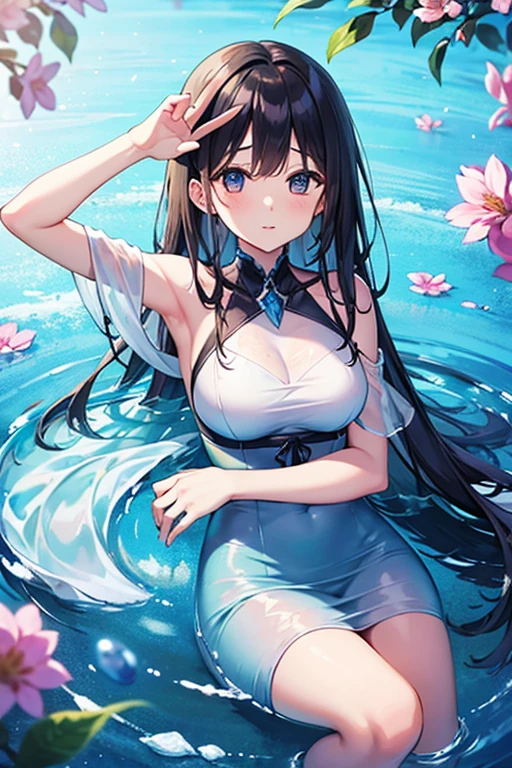 ((masterpiece、4K、8K、highest quality: 1.perfect fingers: 1.perfect anatomy: 1.3、background blur))、((Super precise expression))、((kimono maid swimsuit))：1.5、((12 years old、small face、super beautiful girl、straight long hair))、beautiful eyes：1.1、smile、（model pose）、blue sky、mansion by the sea、Poolside、white sand beach、grass、
