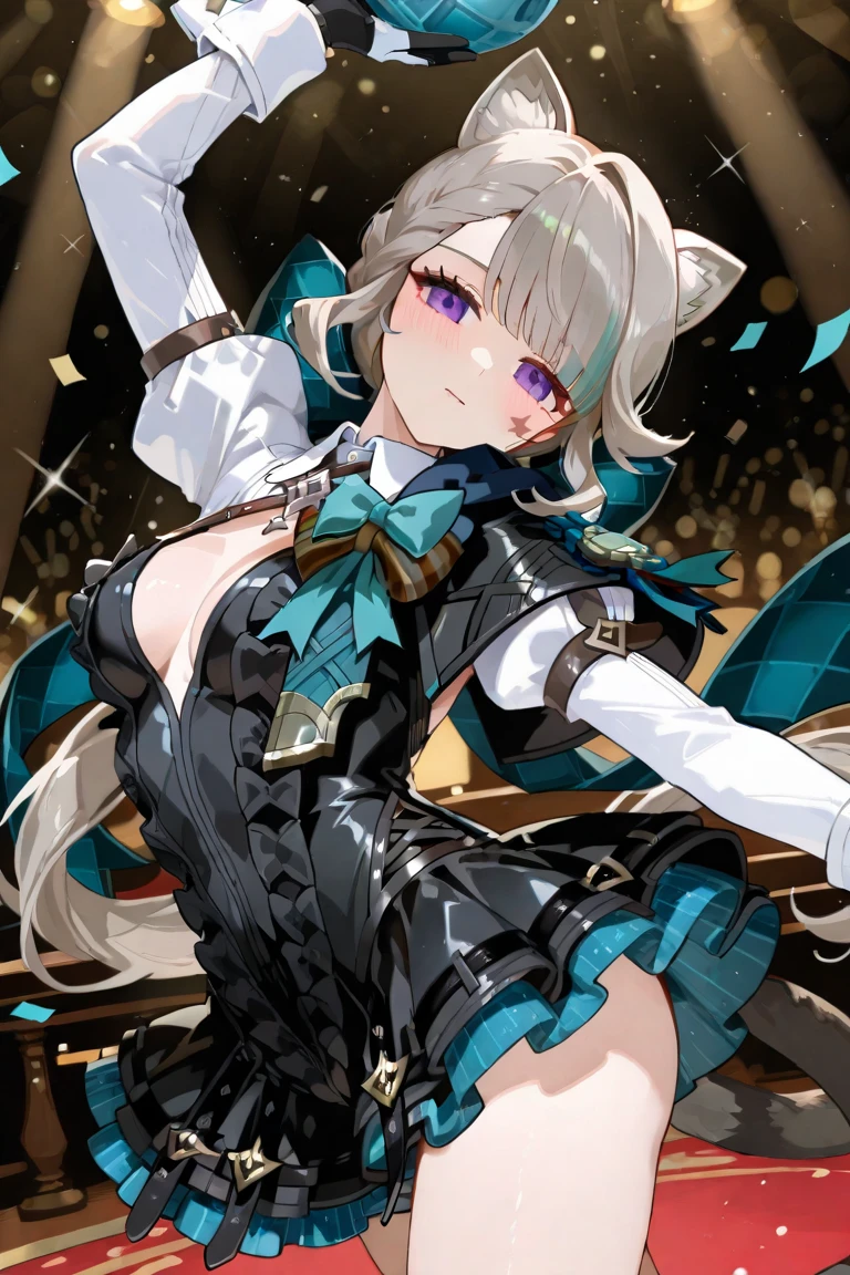 best quality,masterpiece,highres,solo,<lora:genshin_107_v1:1>,1girl, asymmetrical_bangs, black_footwear, black_pantyhose, blue_bow, cat_ears, cat_girl, cat_tail, closed_mouth, cowboy_shot, frilled_leotard, grey_hair, highres, huge_bow, knee_up, long_hair, long_sleeves, looking_to_the_side, lynette_\(genshin_impact\), miniskirt, purple_eyes, ricin, shrug_\(clothing\), simple_background, small_breasts, solo, star_\(symbol\), star_facial_mark, star_tattoo, thighs, two-tone_gloves, white_background, white_collar, white_sleeves
