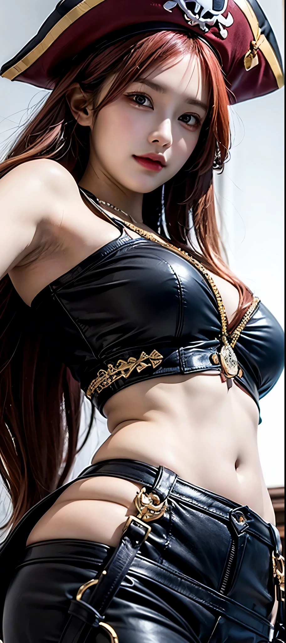 (RAW photo、highest quality)、(realistic、Photoreal:1.3)、highest quality、masterpiece、very delicate and beautiful、A hvery detailed、nffsw、sense of oneness、2k wallpaper、growing up、Beautiful in every detail、masterpiece、light smile、highest quality、Hvery detailed ticker Unity 8K wallpapers、huge file size、Super detailed、High resolution、very detailed、(pirate costume:1.5)、Part of an idol group、18-year-old、(Dancing and singing wildly on the stage of a gorgeous set at a concert.:1.55)、spread your legs wide、Spotlight、professional lighting、look at the camera、(close up of face:1.4)、