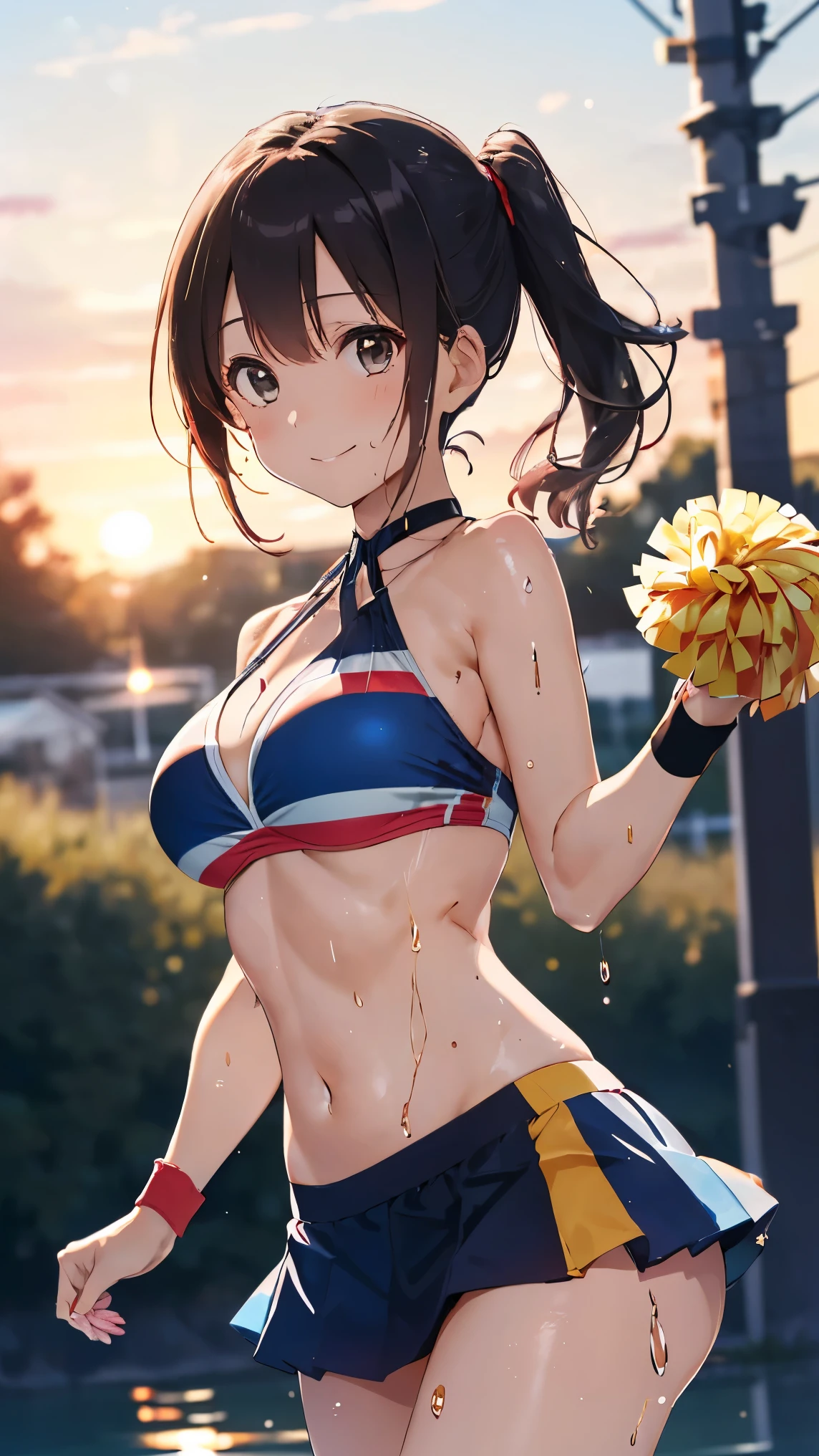 ((Cheerleader、Highest quality、Masterpiece、High resolution))、(((Zoom photo from above、semen、Bukkake、Wet body、Wet Hair)))、(smile、blush)、Big Breasts、Cleavage、Inside the gym、Blue Hair
