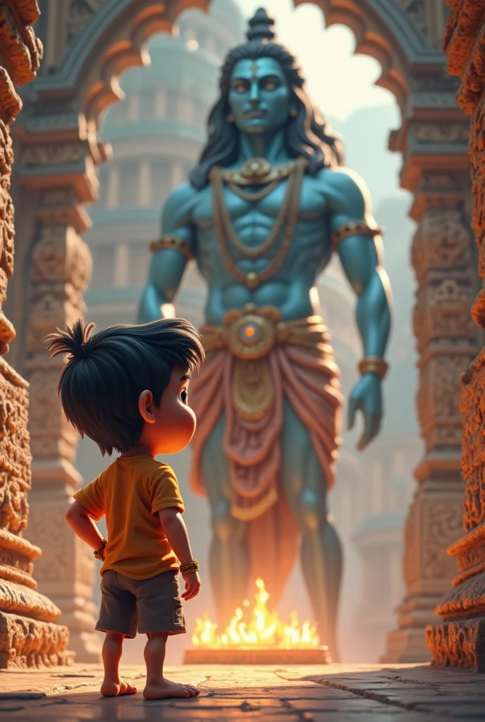 A boy 2 sitting front of indian god mahadev
