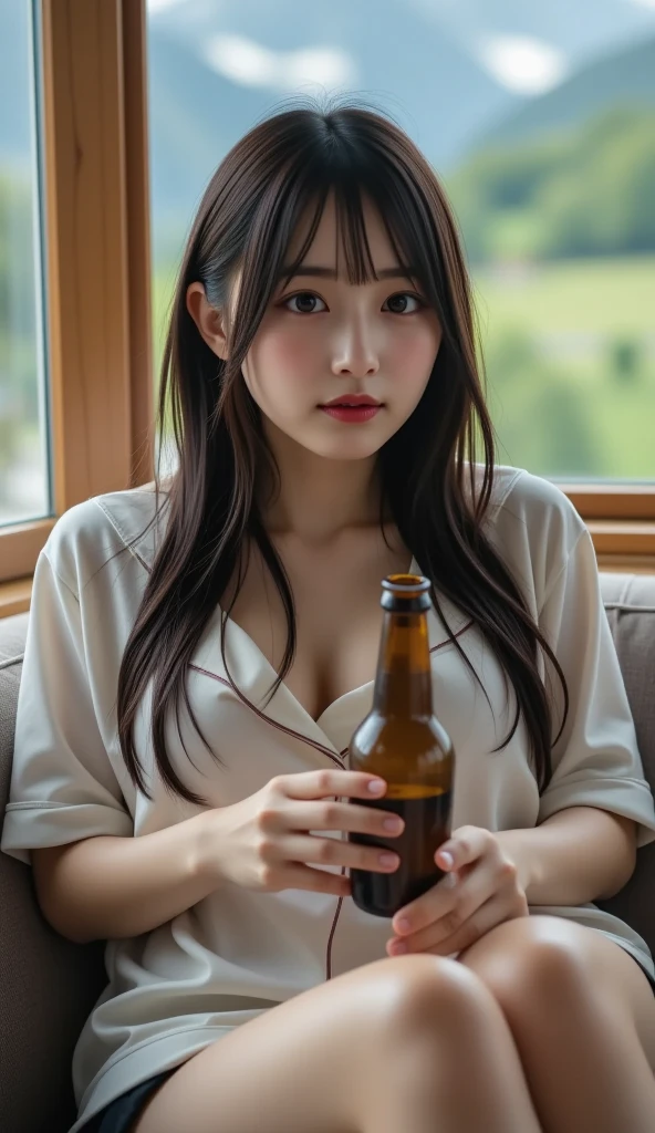 (Close up portrait of cute slender small breasts girl and long hair with dull bangs:1.5)、(Smiling girl wearing colorful yukata and holding glass of beer :1.3)、(Japanese style room:1.2)、(tre anatomically correct:1.3)、(complete hands:1.3)、(complete fingers:1.3)、Photorealsitic、Raw photography、masutepiece、top-quality、Hi-Res、delicate and pretty、face perfect、Beautiful detailed eyes、Fair skin、Real Human Skin、pores、((thin legs))、(Dark hair)
