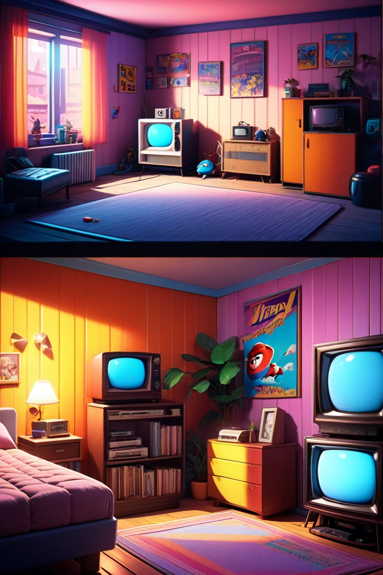 there is a small television sitting on a desk in a room, personal room background, background artwork, unreal engine. retro film still, pixar renderman render, lo-fi retro videogame, cozy 9 0 s bedroom retrofuturism, pixar highly detailed, 9 0 s bedroom, retro artwork, pixar animation，hyper detailed, 1992 video game concept art, videogame background