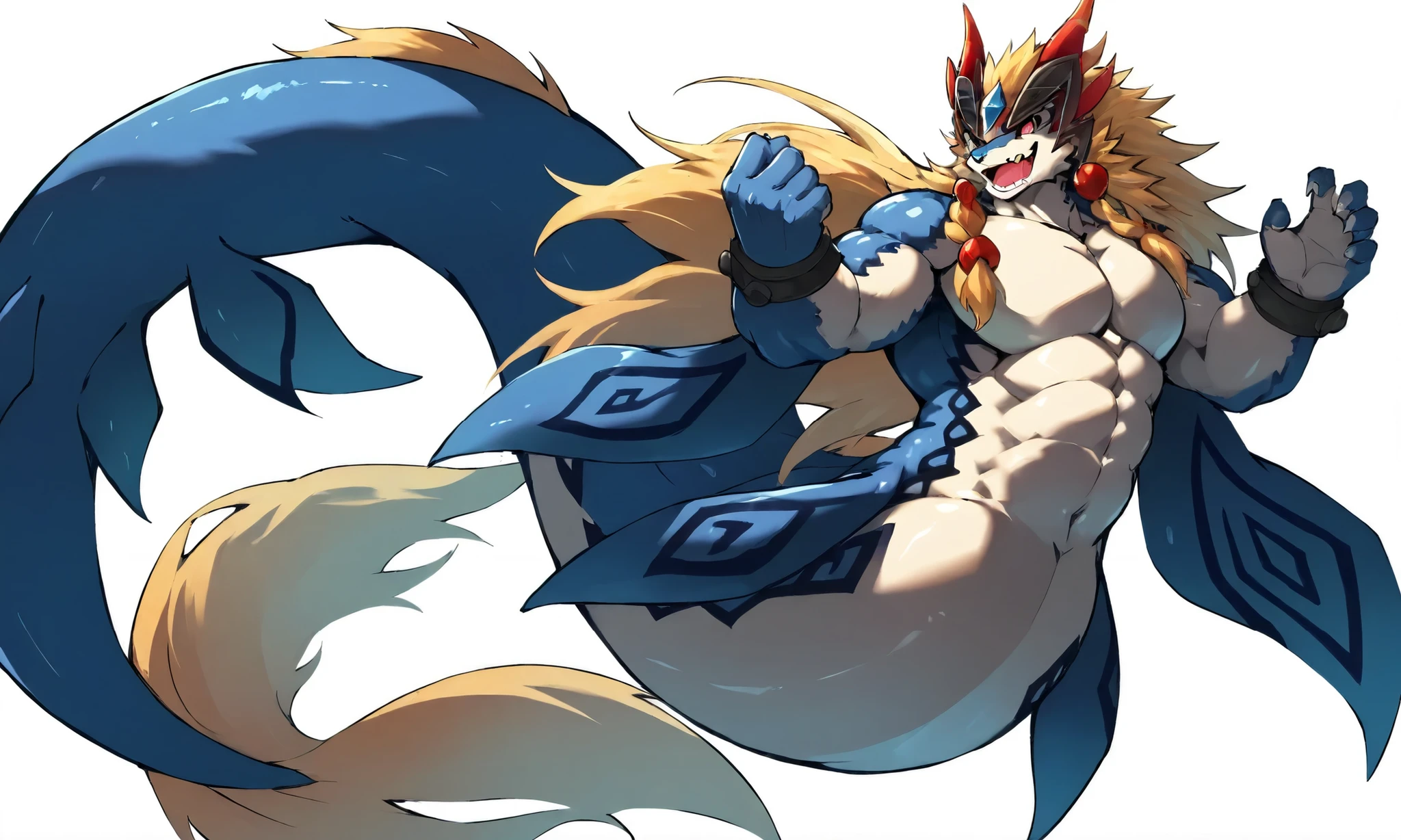 Shaorune, 1boy, solo, red eyes, detailed eyes, evil smile, looking at viwer, open mouth, heavy weight massive, wide pectral, long body, long tail, fins, no legs, glossy skin, full body, white background