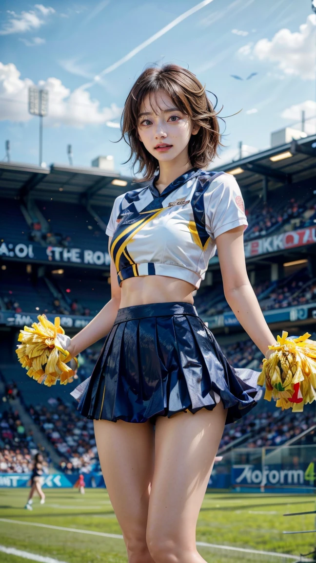 masterpiece, best quality, illustration, Super detailed, fine details, High resolution, 8K,wall paper, perfect dynamic composition,(Details High quality, realistic depiction of eyes:1.3), hotel room, (cheer girl:1.5),(a miniskirt), to stand、large breasts,short bob hair, black hair color, Big Natural Color Lip, bold sexy pose, crying a little、Harajuku style、20 year old girl、cute type、lolita、beautiful legs, hposing Gravure Idol