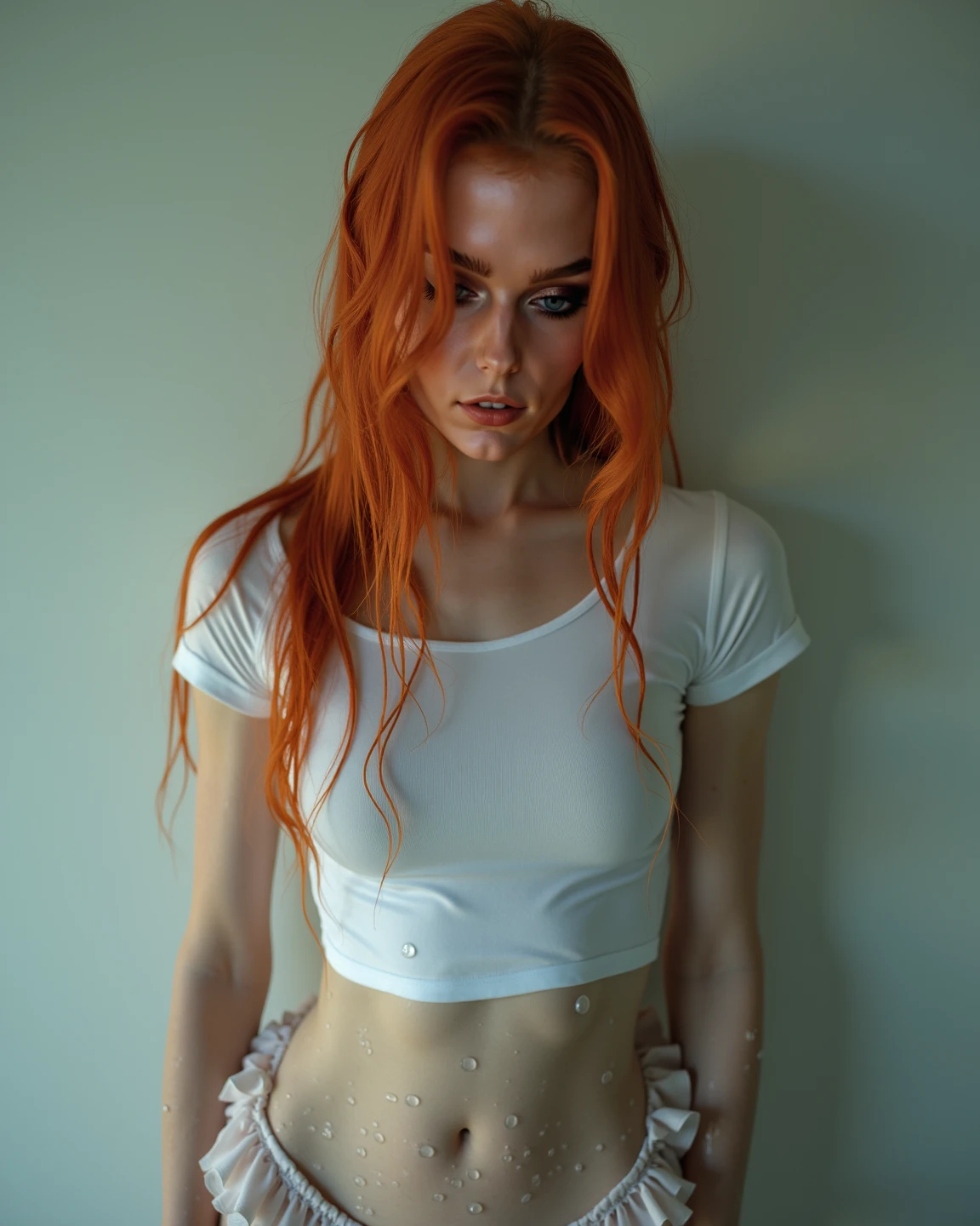 Hermione are flat on a cold, stone table, her shirt lifted up to reveal her bare abdomen. Voldemlrt right hand is firmly touching and pressing Hermione's abdomen.