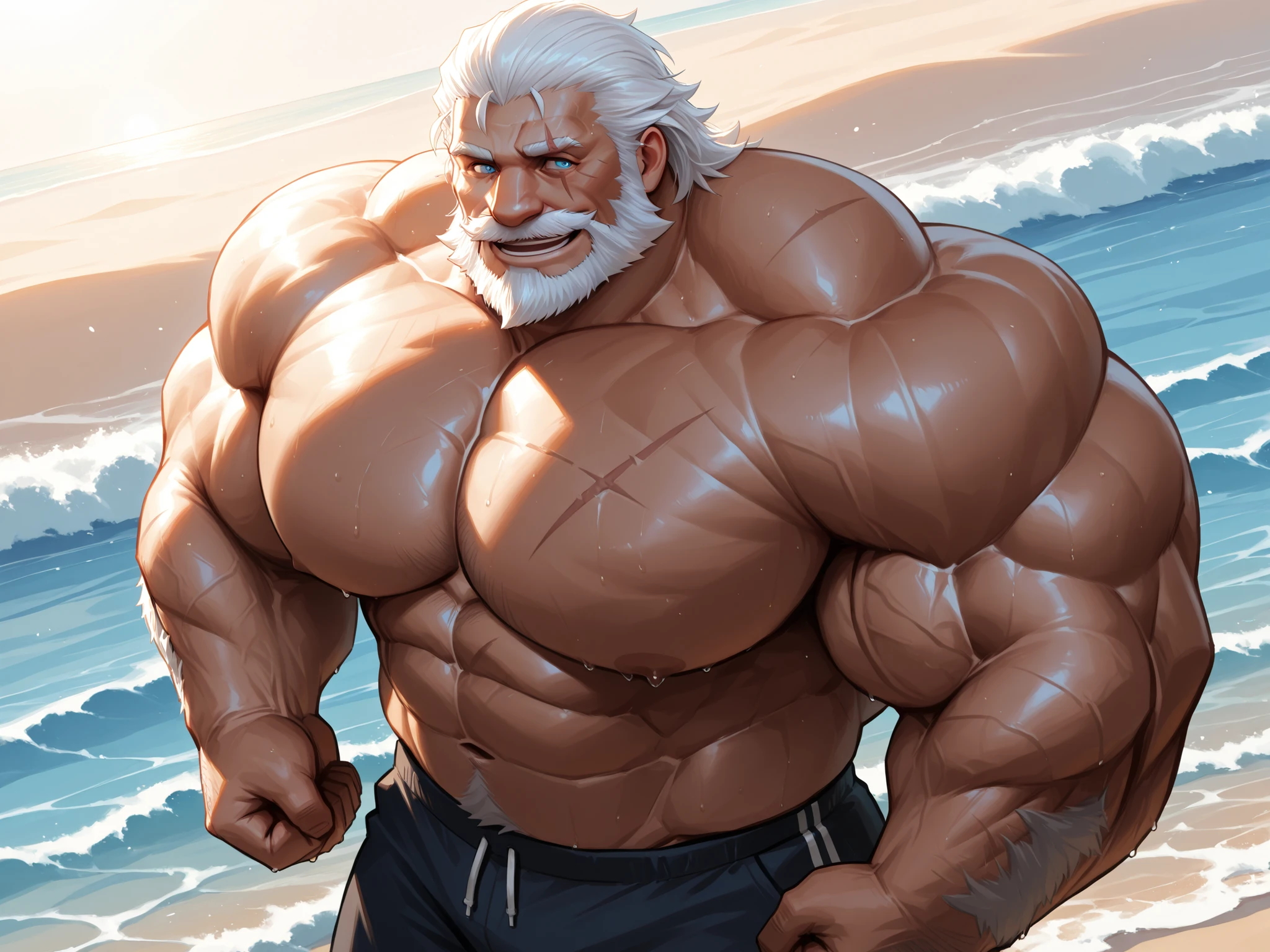1boy, 1man, solo. beach, extremely huge muscular, massive muscular, full-body , (topless, shirtless, shorts), well-muscled old man. ((extremely muscle size, super thick arms, huge pec, extremely wide pectoral , huge arms)), wide smiling. Add textures and details to make the image more realistic, such as the appearance of the. Make sure the resulting image is high resolution, 8K quality