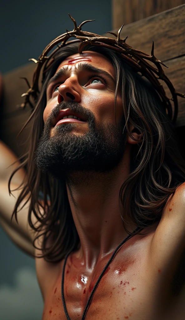 Neutral background, without many details to focus on the main figure.
Soft light, without strong shadows, illuminating evenly.
Main Figure:
Jesus Christ crucified on a wooden cross.
Jesus is dressed in a simple white tunic, which only covers his waist.
He is wearing a crown of thorns on his head.
His body is covered in whip marks and wounds, especially on his arms and chest.
Expression of pain and suffering on Jesus' face, with half-open eyes and slightly open mouth.
Additional Elements:
A sponge soaked in vinegar or brown liquid, attached to a wooden rod, is being offered to Jesus' mouth.
A person's hand holding the stem of the sponge, suggesting that he is helping or giving him something to drink.
Blood oozing from Jesus' wounds, especially on his hands and feet, where the nails are embedded.
Image Composition:
Medium framing, focusing mainly on the torso and face of Jesus, including the cross.
The image should convey a sense of sacrifice and suffering, capturing the moment of Christ's Passion.