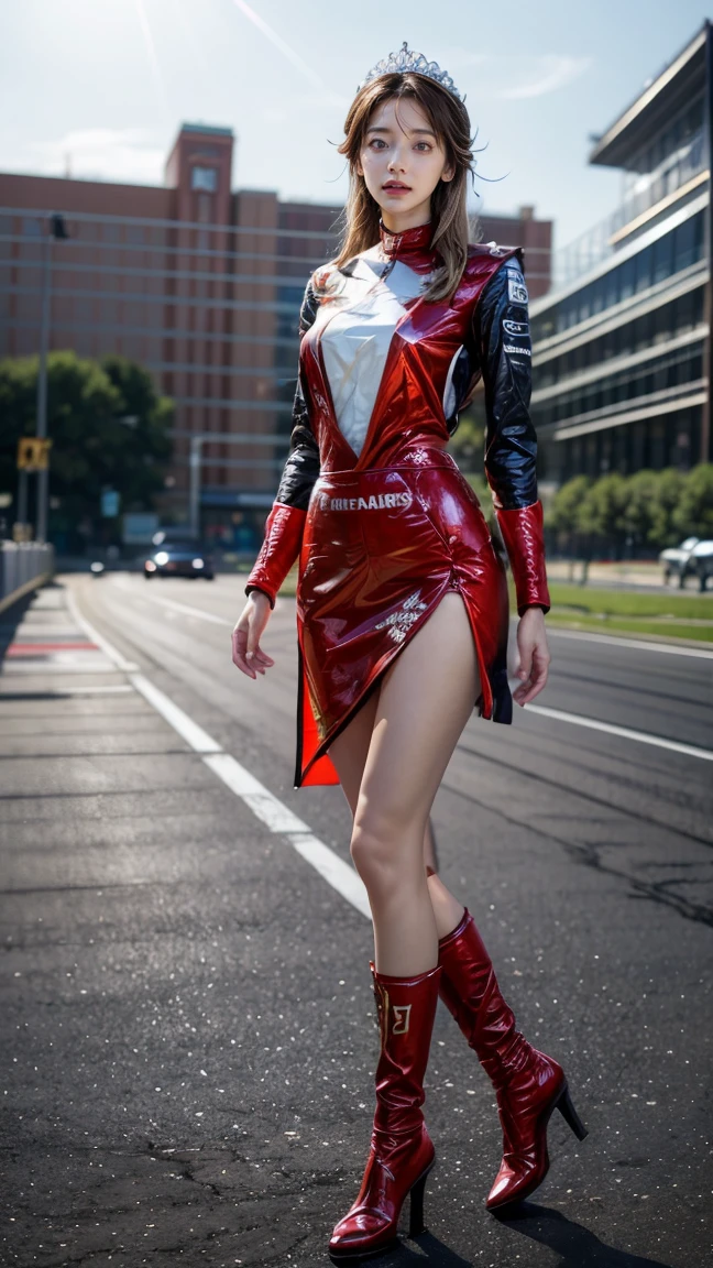 Beauty、Plump and beautiful body、Like Ultraman、Tight-fitting silver suit、Silver color with red pattern、Masterpiece、Gloss、4K resolution、Photorealistic、Silver giant、Destroyed City、Fight monsters、Giant MILF Hero、Fighting Pose、Glossのあるラテックスの生地、Long gloves、Knee-high boots