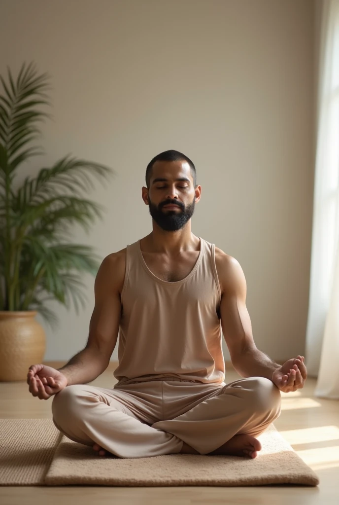 In a quiet gym environment, a brazilian man doing yoga, wearing a revealing swim trunk, with a close-up focused on the shape of her breasts and her concentration on the yoga poses, highlighting your inner peace and external beauty.