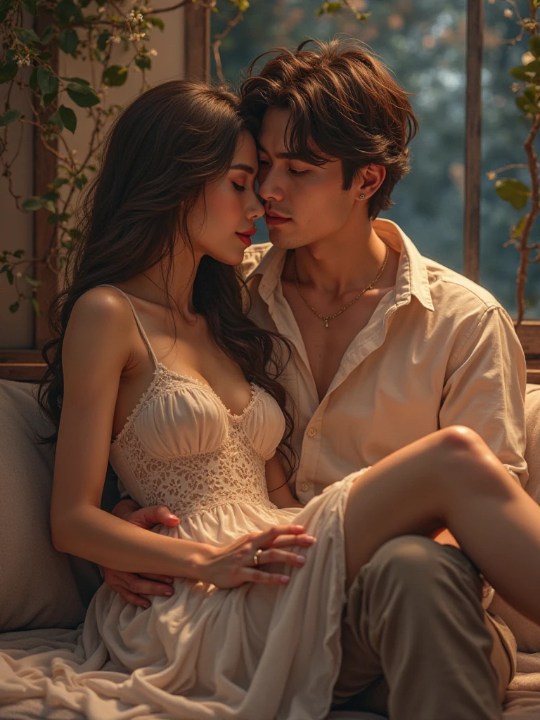 (photorealism:1.2), beautiful asian woman with handsome asian man with longhaired wearing pajama , sitting on bed, wearing loose off-shoulder top, pajama pants, long hair, indoors, soft lighting, plants in background, window with sunlight, cozy room, relaxed pose, realistic, intricate details, warm colors, by Greg Rutkowski, by Alphonse Mucha
