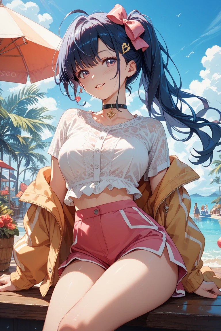 1 girl, single girl, sexy girl, wavy blue hair, dark skin, tanned skin, big breasts and wide hips, pink top with a sweetheart neckline, a small dark pink skirt, a long pink boot, a mini bag , in an penthouse, sugar daddy