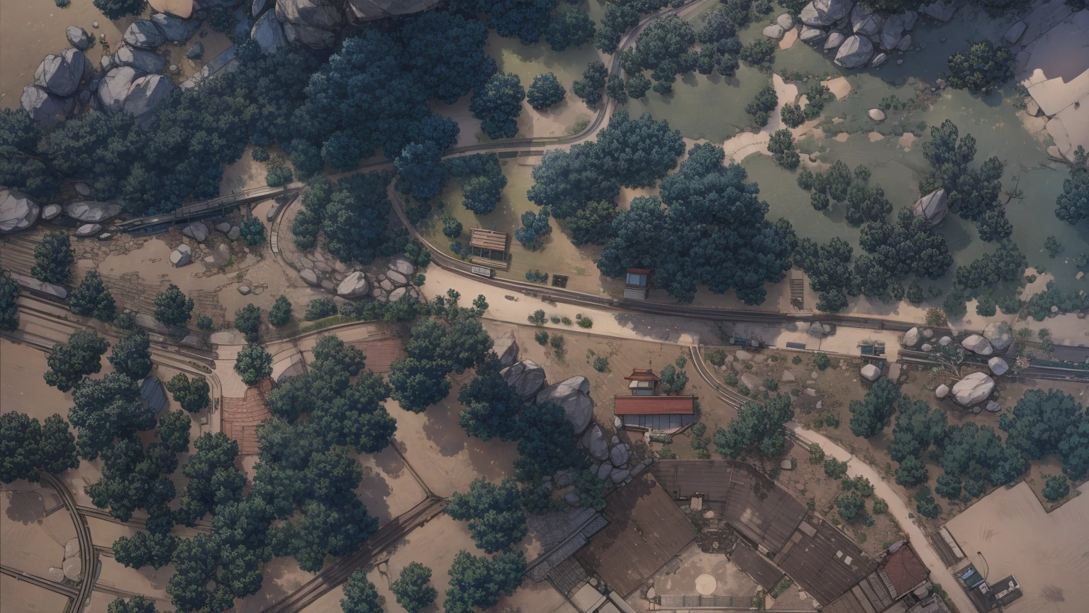 map style, Asian style, nice color, generate from original image, details, trees, roads way, view from image, roads from original image, fields, satellite view