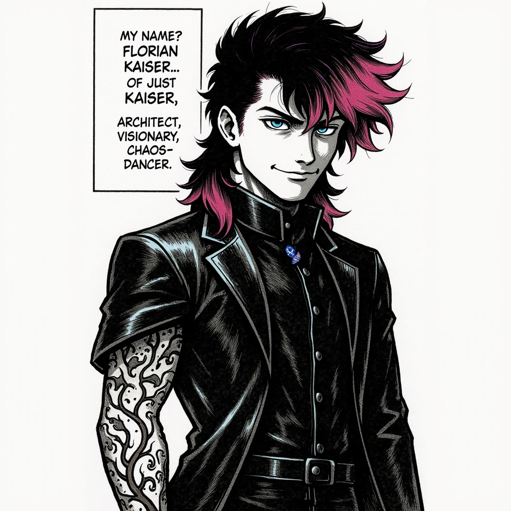 adult male, purple hair, scars on arms, gray t shirt, leather black jacket, blue jeans, ponytail, purple holded hair, holded hair, straight hair, smile, pokeball on hand, pokemon style