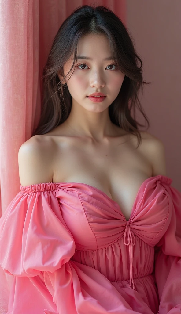  body、Full body Esbian、Leaning forward, Very small waist、(Very large breasts:1.3)、Plump thighs、Natural Skin、Ultra-thin face、 Extremely thin hands, very thin fingers, Optimal ratio、Surreal, ((Cute Dresses、Too much exposed skin、Off the shoulder、The length is short and the thighs are visible))、Blushing cheeks、body covered in 、Cross Necklace、((18-year-old female:1.2))、Young and adorable Japanese face, Official Art，非常に精細なCG Unity 8k壁紙，（masterpiece:1.0),(Highest quality:1.0),  Very detailed, photo shoot, 8k, Hmph, High resolution, Kodak Portrait 400, Film Grain, Lens Flare Glow,Portrait Shot,Show Viewer
