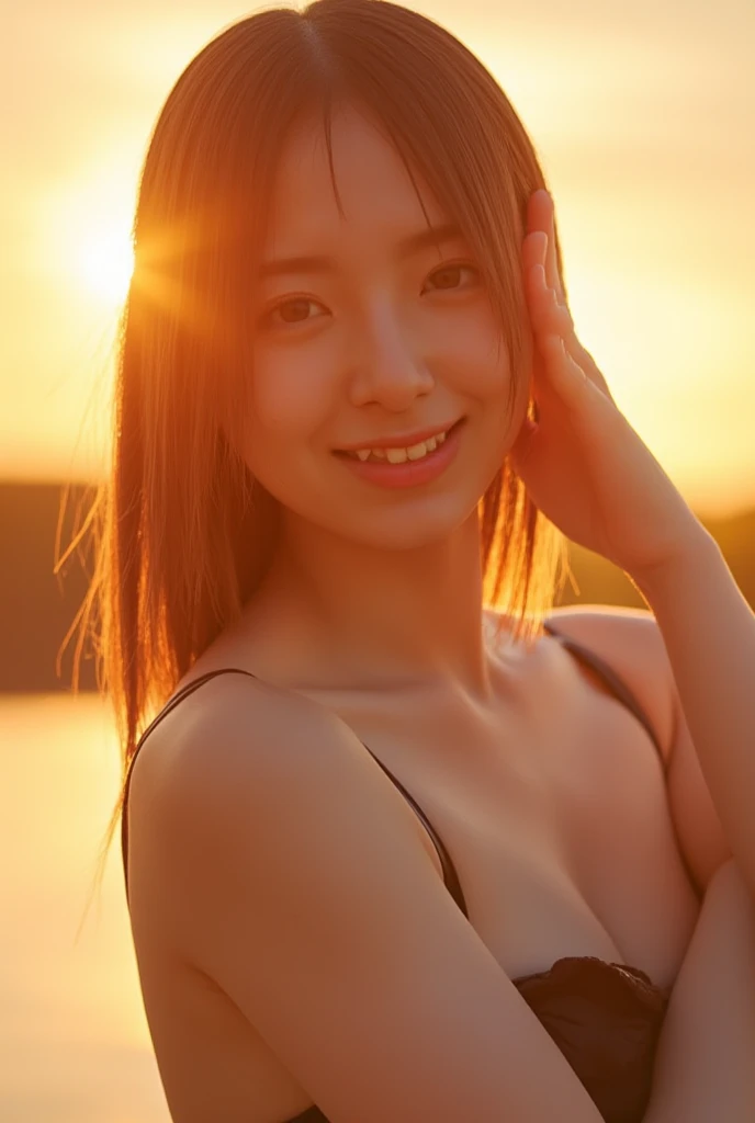 Kasumi Arimura in a sunset completely naked and smiling sexy