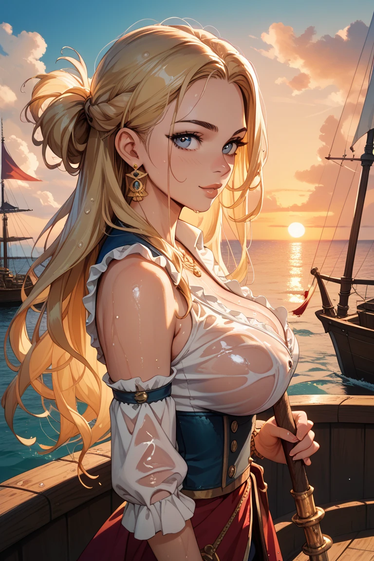 ((best quality)), (detailed), perfect face, extremely beautiful female pirate, cutlass raised, outfit is old and worn, her ship is on fire, the sun is setting in the horizon,