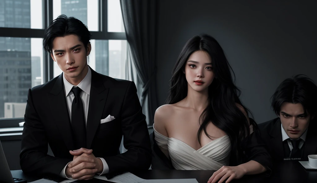1boy 1girl cuddeling each other, brown eyes, wearing all black suit together, close up, city, absurdres, high res, ultrasharp, 8K, masterpiece, looking at each other, sexy pose