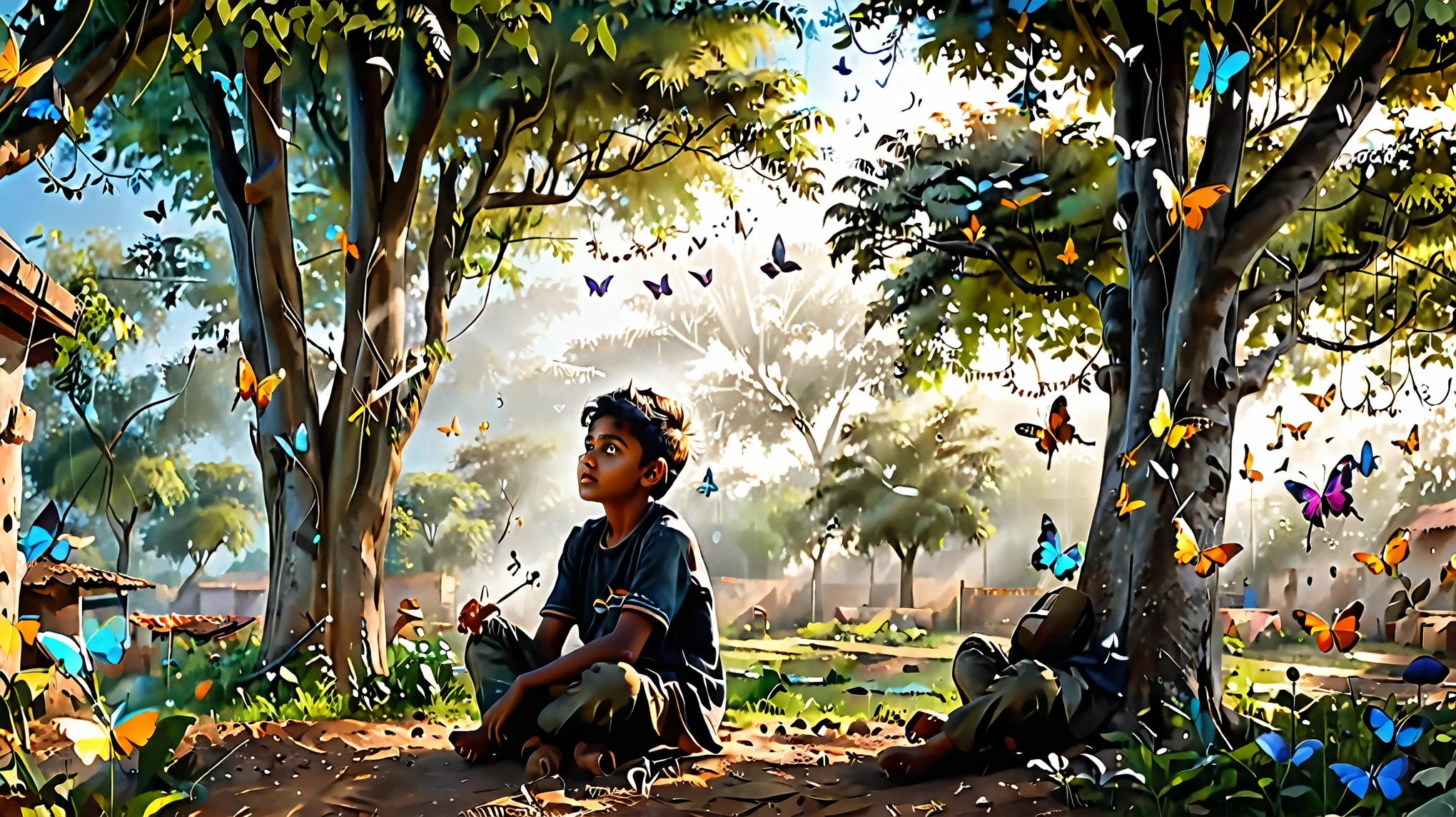dynamic photo of A indian boy is sitting under a tree in a village garden thinking about something and butterflies are flying around him and musical notes is flowing in the air, stunning picture, realistic cinematic style, 4k ultra HD quality in 3D