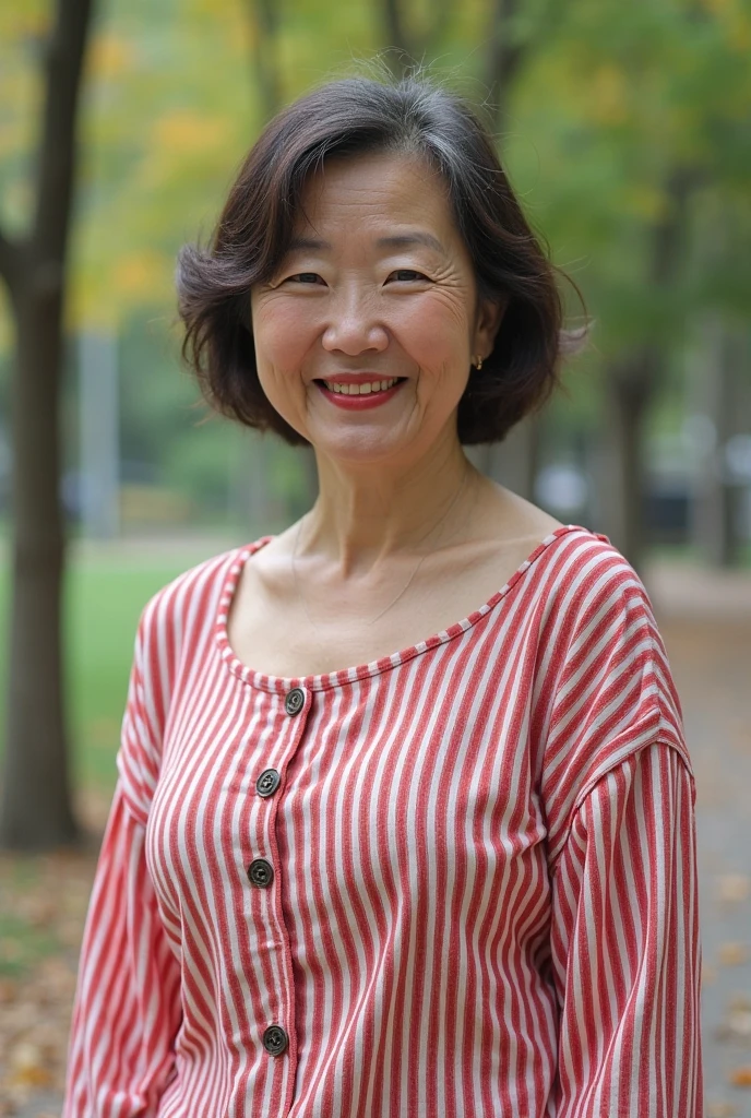 8k wallpaper, masterpiece, Highest quality, Super detailed, One Mature Woman, 50 years old, Become very clear, Wearing short sleeves, Skin dents, Captivating smile, Looking at the audience, , plump, Curvaceous, Fascinating face, Smiling with teeth showing, Wrinkles around the eyes, Sitting on a park bench, Background Blur