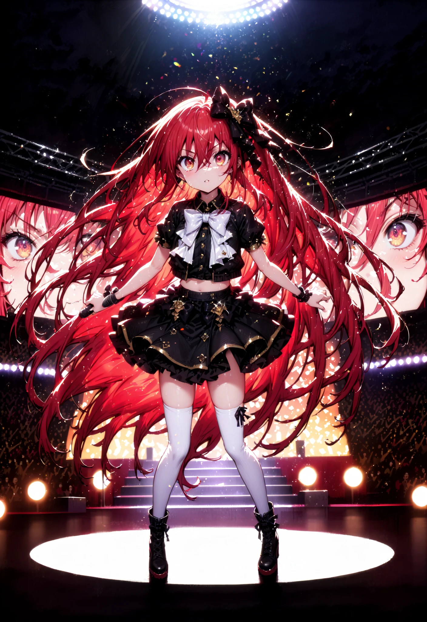 Shana , very long hair, red hair, red eyes, stupid hair, small ,idol costume, dress,collared  dress,jacket,cropped jacket,Short sleeve,bowtie,bow,button, It's on top of the decoration ,standing,Dancing,(white thigh knee-highs:1.2),boots,アイドルsingerがライブ ステージで熱狂的に歌うシーンillustration,アイドルsingerが ステージ中央にstanding,  the idol singer sings with a microphone  ,  the idol singer is serious and impressive  ,singer&#39;that voice is powerful and beautiful . ,    fans gather around the stage   ,   the idol singer who sings and dances the idol singer does something  ,The Big Picture,   Various colored lights ,break looking at viewer,full body,
breakindoors,Concert Hall,
break (masterpiece:1.2), best quality, high resolution, Unity 8Kの壁紙, ( illustration :0.8), (beautiful detailed eyes:1.6), Highly Detailed Face, perfect lighting, Highly Detailed CG, (perfect hand in h, perfect anatomy),