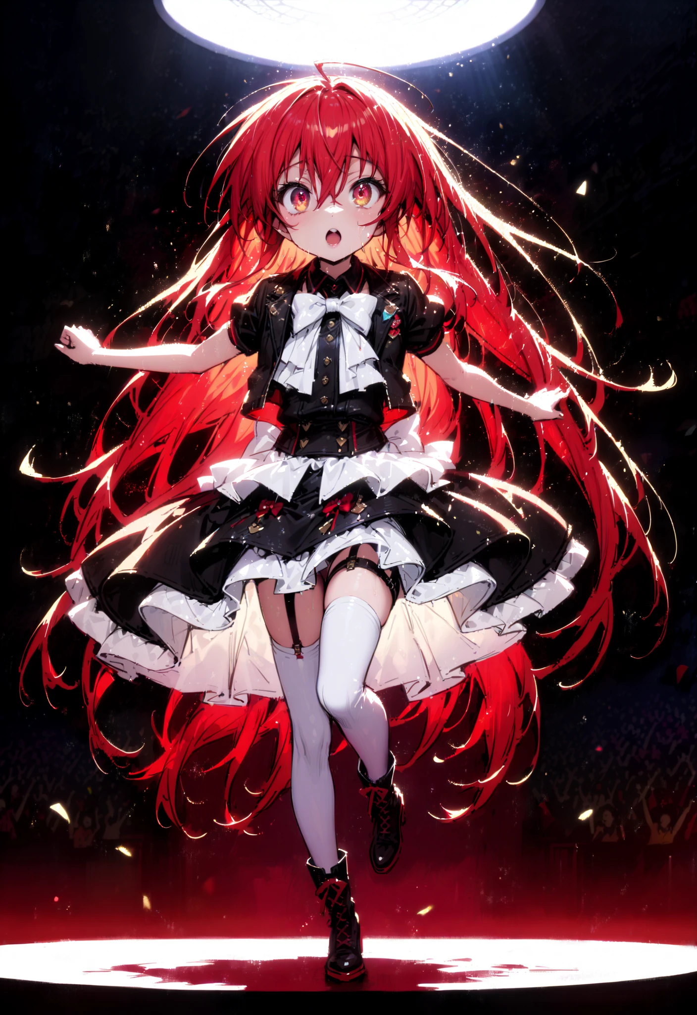 Shana , very long hair, red hair, red eyes, stupid hair, small ,idol costume, dress,collared dress,jacket,cropped jacket,Short sleeve,bowtie,bow,button, It's on top of the decoration ,standing,Dancing,(white thigh knee-highs:1.2),boots,アイドルsingerがライブ ステージで熱狂的に歌うシーンillustration,アイドルsingerが ステージ中央にstanding, the idol singer sings with a microphone , the idol singer is serious and impressive ,singer'that voice is powerful and beautiful . , fans gather around the stage , the idol singer who sings and dances the idol singer does something ,The Big Picture, Various colored lights ,break looking at viewer,full body,
breakindoors,Concert Hall,
break (masterpiece:1.2), best quality, high resolution, Unity 8Kの壁紙, ( illustration :0.8), (beautiful detailed eyes:1.6), Highly Detailed Face, perfect lighting, Highly Detailed CG, (perfect hand in h, perfect anatomy),
