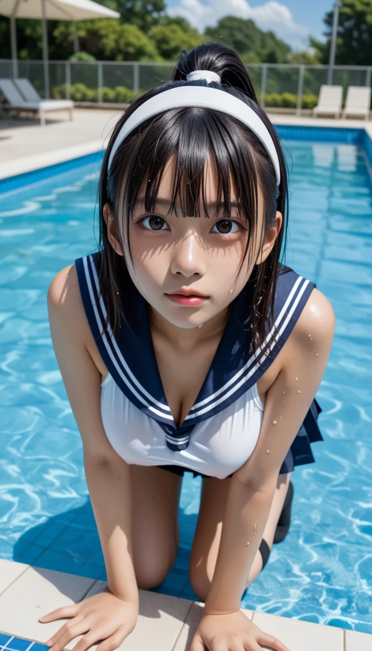 Young Japanese women、(Wearing school uniform:1.5),(Wet Uniform:1.6),5-people、There is only one man missing.、School swimming pool、School swimming poolに飛び込む女子生徒、17 years old、Large Breasts、Beautiful Skin、Smooth Skin、A happy look、Water splashes rise、Male teacher watching、(Shooting from underwater、Shooting from the feet、Angle of view that makes you look up:1.2)、(Composition seen from inside the water:1.9)、(crowd、Everyone is watching、Being stared at:1.3),Anatomically correct、(My breasts are being touched、My breasts are being massaged:1.7)