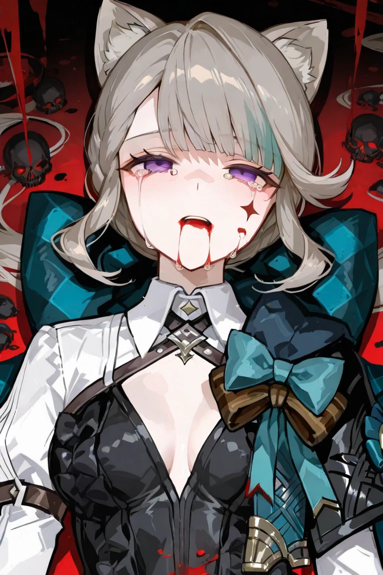 cannot see ears,a girl,human,((standing)),masterpiece,Highest quality,LocationHSR, Yellow Eyes, Good strap, Jacket, black gloves, open Jacket, Long Hair, White shirt, gloves, Hair between the eyes, black Jacket, Grey Hair,NSFW,tentacle bound arms,tentacle bound legs,(many tentacles:1.7), ((tentacles sex)), ((vaginale)),(tentacle pit:1.5),(rollng eyes:1.8), troubled eyebrows, drool, orgasm, ((close mouth)), (clench teeth),cum on body,cum on clothes,bukkake,excessive cum,cum string,cum overflow,cumdrip,leg up,(((Suspended on tentacles))),medium breasts,Two legs,tongue,
