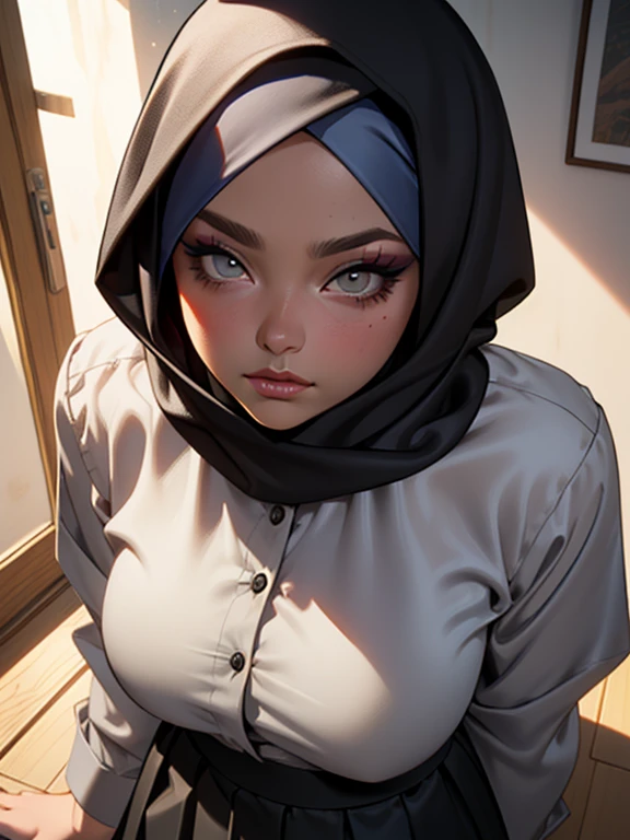 Cinematic, RAW, (((realistic graphics))), (((realistic textures))), Best quality, high resolution, (((Masterpiece))), High-definition, (((ultra-detailed))), (((ultra-realistic rendering))), soft focus, ultra-hd, realistic body proportions, 1 girl, 18 year old, pretty face, hot body, cute eyes, ((black hijab)), tight white t-shirt, no pants, no panty, in bedroom, detailed bedroom, (((pooping on the floor))), (((poop dripping from ass))), (((releasing poop from her ass))), (((some filthy poop on the floor))), (((poop accident))), (((full body view))),