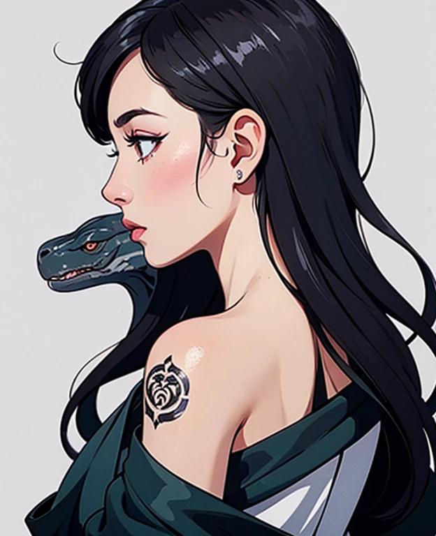 score_9, score_8_up, score_7_up, score_6_up, uncensored, SayoLOR, tattoo on body, black hair, hair stick, single hair bun, black eyes, BREAK detailed eyes, perfect face, anatomically correct, detailed skin texture, (blush:0.5), (goosebumps:0.5), subsurface scattering, Anime Style, Manga Style, Hand drawn, cinematic, Sharp focus, humorous illustration, big depth of field, Masterpiece, concept art, trending on artstation, Vivid colors, Simplified style, trending on ArtStation, trending on CGSociety, Intricate, Vibrant colors, Soft Shading, Simplistic Features, Sharp Angles, Playful, excessive sweating, sweating profusely, sweating drop BREAK, abandoned building, dark room, 1girl, solo, snake, jewelry, smirk, key, bare shoulders, necklace, off shoulder, upper teeth only, shaded face, hollow eyes, glow effect, bokeh,
