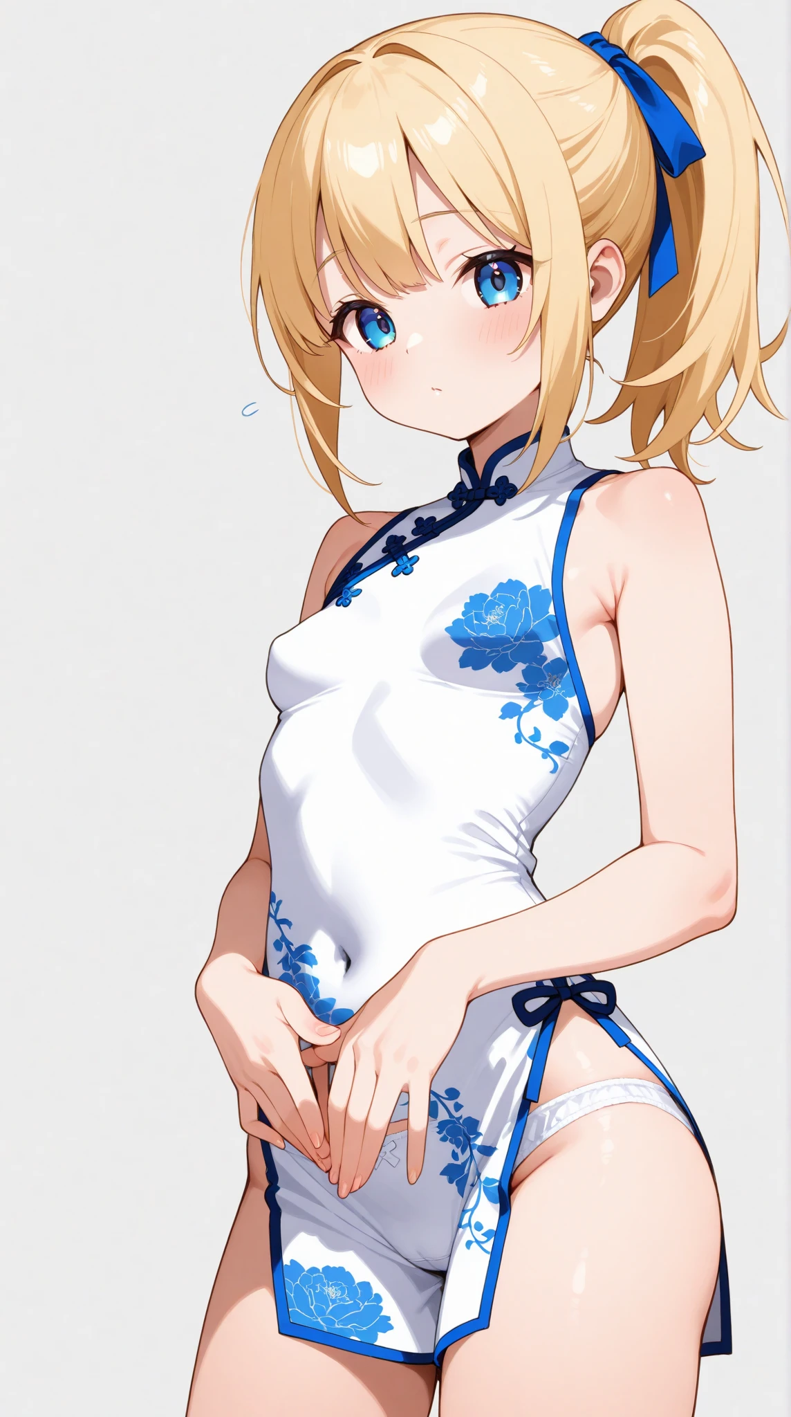 (masterpiece,highest quality,超A high resolution),Japanese women, (((Very beautiful 18 year old girl))), pretty girl、Look at the photographer、 ((Beautiful blonde bob hair)), Very cute face, Glossy Lips, Double eyelids on both eyes, blue eyes, Natural smile、 Natural Makeup, Long eyelashes, Shiny and smooth hair、Center image, Perfect limbs, Perfect Anatomy,(((Shiny Chinese Dress white panties))),undressing panties,nipples、Wet with sweat,nsfw, (spread pussy:1.3)