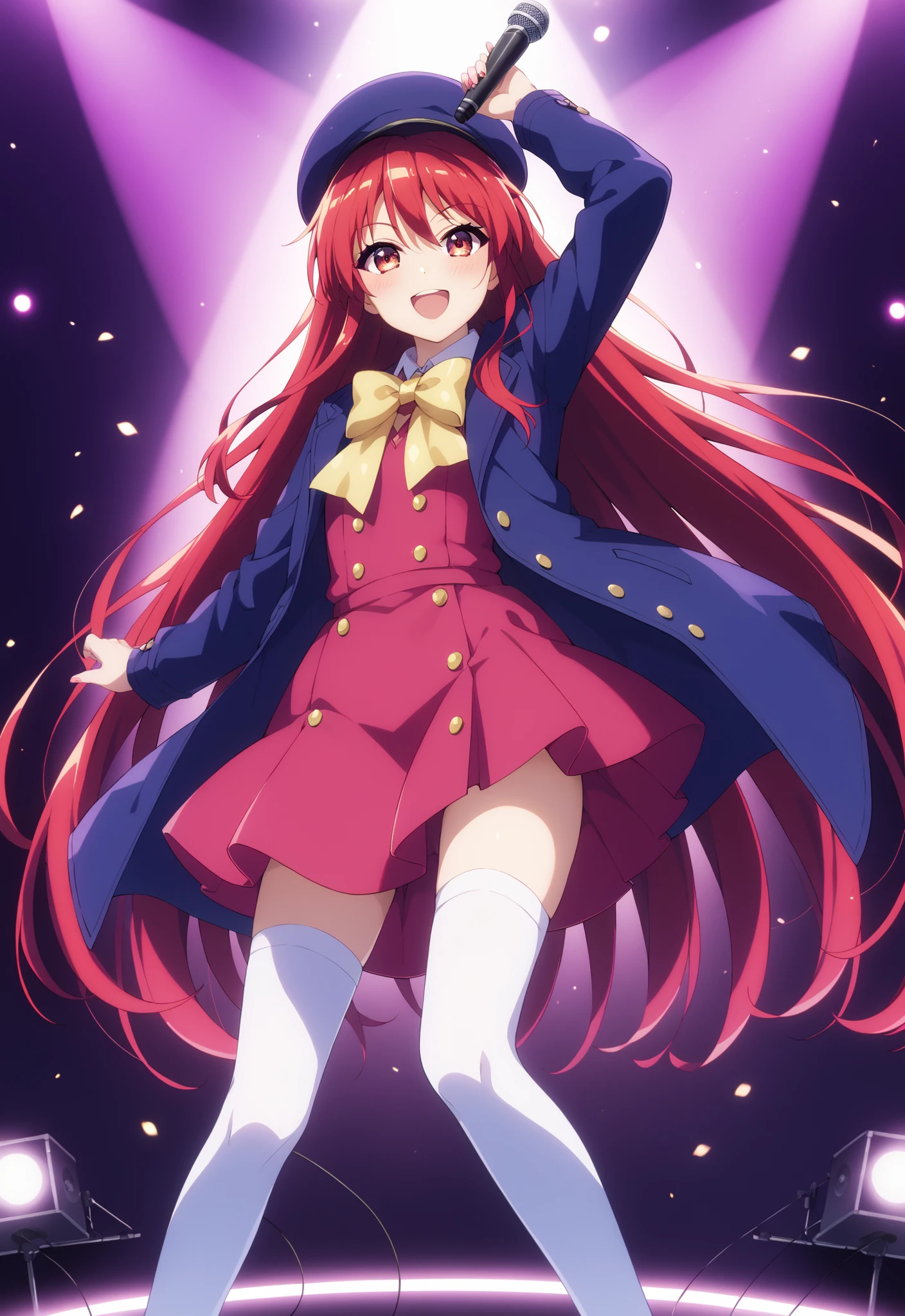 Shana , very long hair, red hair, red eyes, stupid hair,small, small ,smile,blush,open your mouth,idol costume, dress,collared dress,jacket,cropped jacket,Short sleeve,bowtie,bow,button, It's on top of the decoration ,standing,Dancing,(white thigh knee-highs:1.2),boots,アイドルsingerがライブ ステージで熱狂的に歌うシーンillustration,アイドルsingerが ステージ中央にstanding, the idol singer sings with a microphone , the idol singer is serious and impressive ,singer'that voice is powerful and beautiful . , fans gather around the stage , the idol singer who sings and dances the idol singer does something ,The Big Picture, Various colored lights ,break looking at viewer,full body,
breakindoors,Concert Hall,
break (masterpiece:1.2), best quality, high resolution, Unity 8Kの壁紙, ( illustration :0.8), (beautiful detailed eyes:1.6), Highly Detailed Face, perfect lighting, Highly Detailed CG, (perfect hand in h, perfect anatomy),