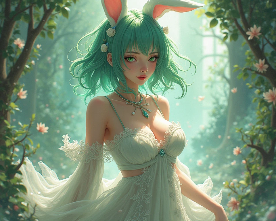 1girl, cute, slender, round face shape with angular jaw, blonde with bangs, grey eyes, topless, nude, picking wet pink colorful mushrooms in a celestial forest, colorful sunshine, stripe socks, pink skirt, windy