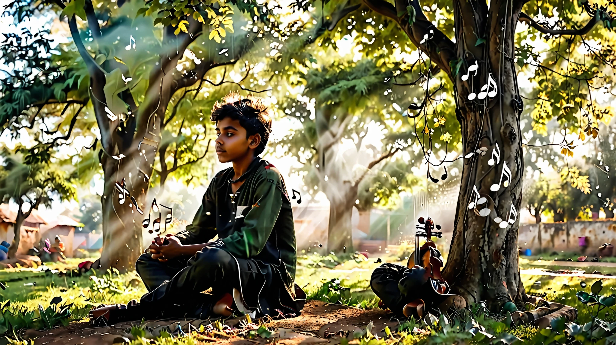 dynamic photo of A indian boy is sitting under a tree in a village garden thinking about something, (musical notes 🎶 🎶)is flowing around him, stunning picture, realistic cinematic style, 4k ultra HD quality in 3D