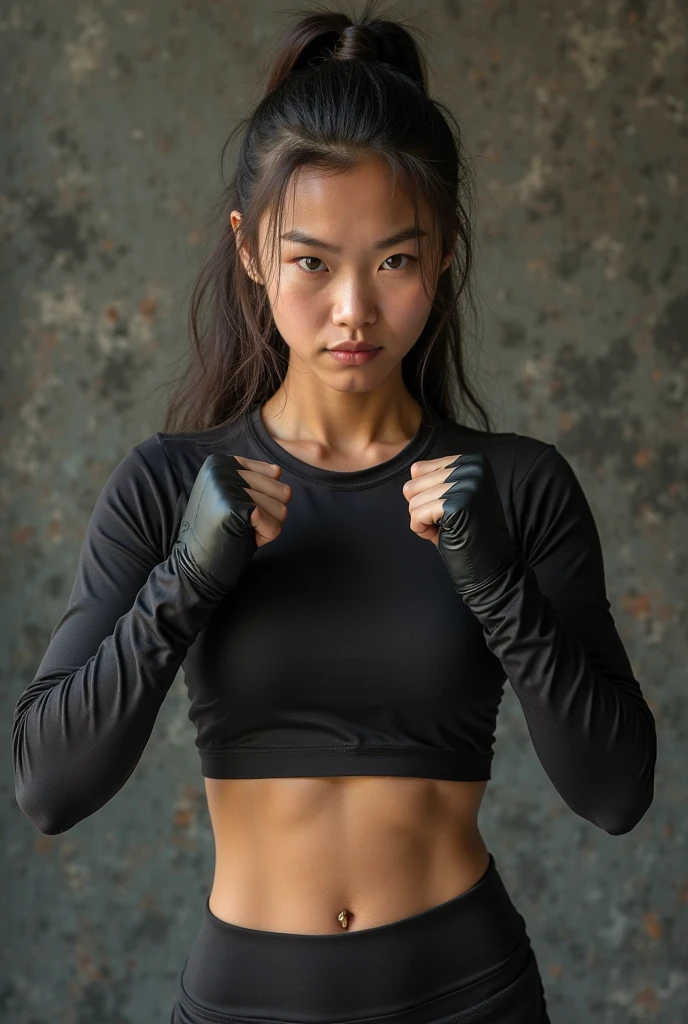 A beautiful korean woman, muscular body, wet tied hair , sweaty skit, wear nike sportwear, natural huge breasts, sensual expression, wear boxing gloves, ready to fight pose, look at the viewer, natural light, realistic photography, wide angle shot.