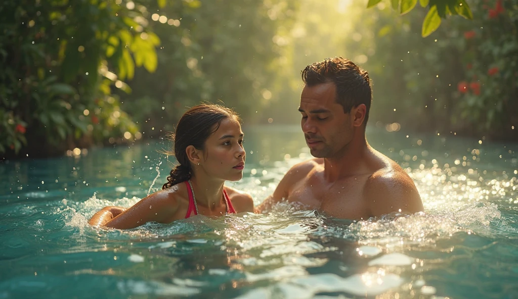 A realistic and romantic photo of a young couple, swimming on the lake at night, looking at each other, the male is touching the female's cheek. The light source is moonlight and fireflies around them. The background is a cliff with wild plants. Soft natural lighting, cinematic.