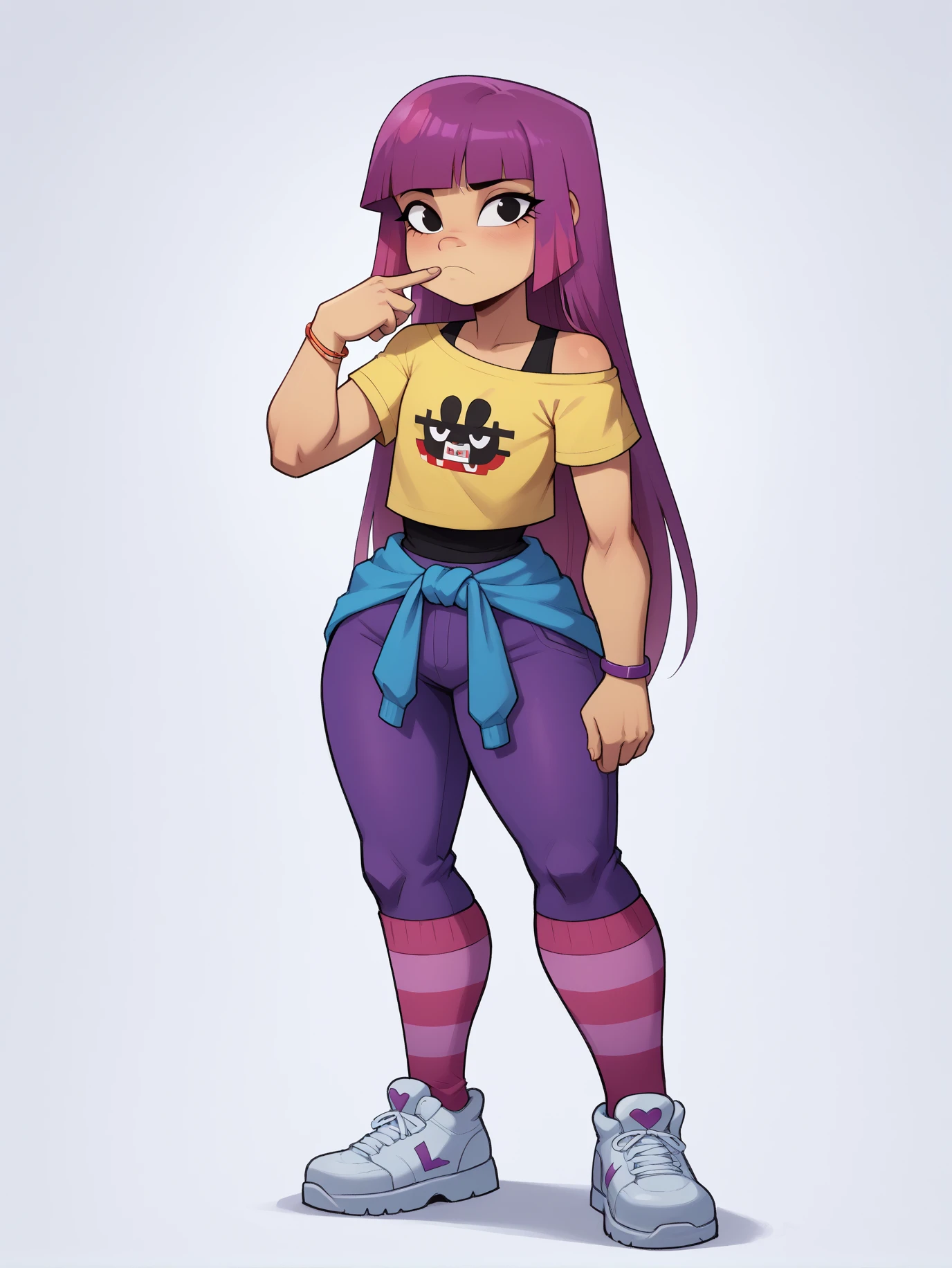 standing, wearing black tanktop undershirt and yellow croptop, blue jacket_around_waist, purple tights, solo, solo focus, (photorealistic:0.7), detailed, looking at viewer, multicolored hair, long hair, 1girl, masterpiece, high quality, plain background, (smiling:0.7), happy, joy, (thicc:0.5), <lora:mikoKubotaGlitchTechs_v1:1>