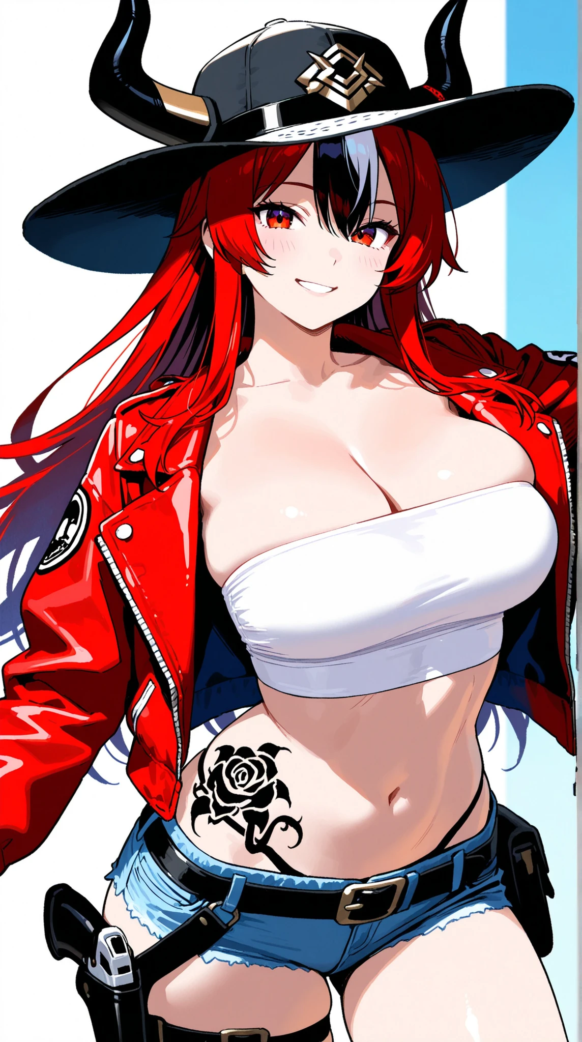 female, strapless bikini, crop top jacket, hat, smile, holster, Bull tattoo, 