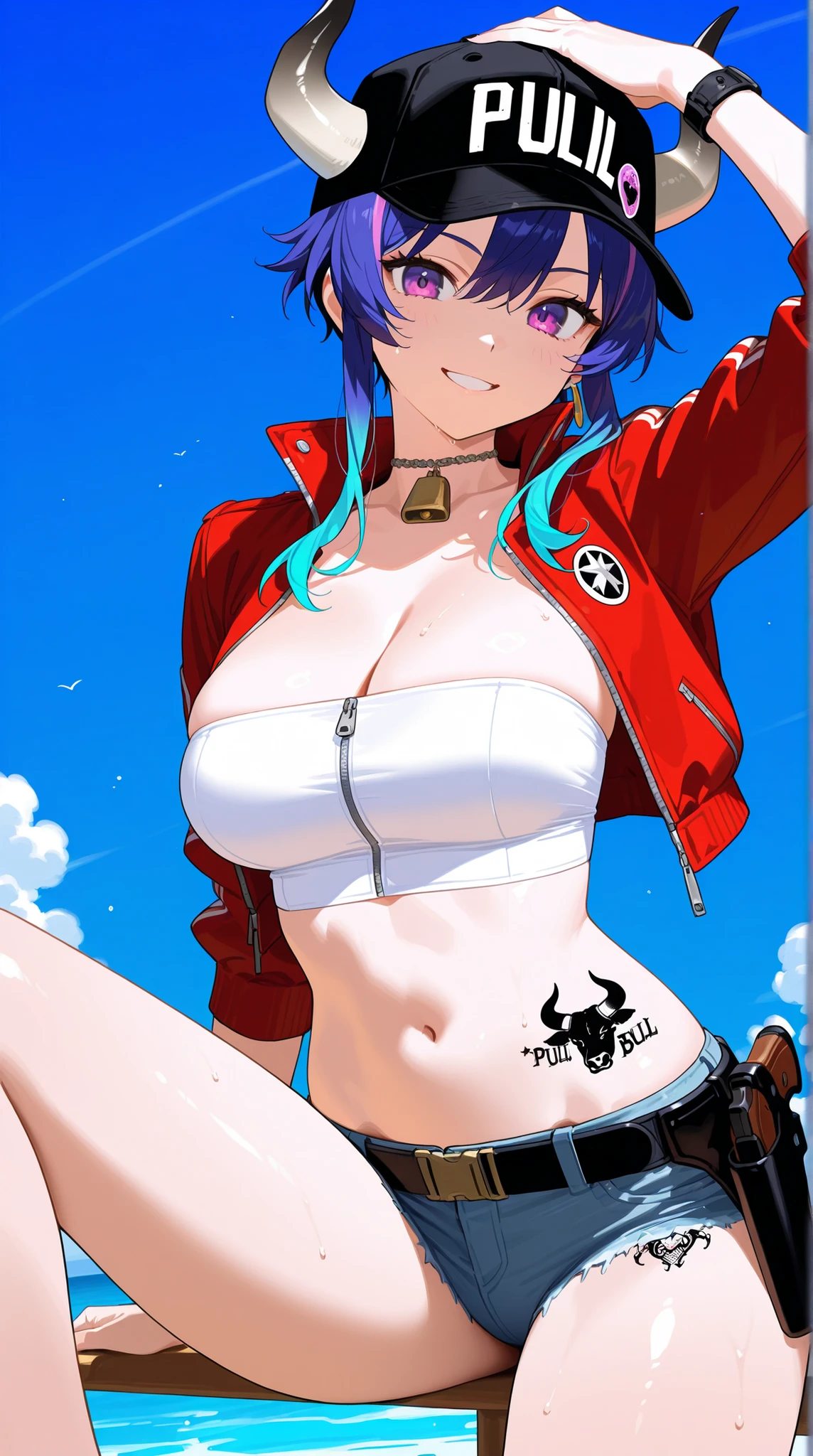 highres, (masterpiece:1.1),(best quality:1.1), kagami hirotaka style, bsRO, red scarf, armored gloves, fingerless gloves, blue denim shorts, tied shirt, belt, ankle_boots, tattoo,underboob, blue hair, blue eyes, low ponytail, twintails, large breasts, cleavage, <lora:bsROV1.10:0.7> <lora:kagamiHirotaka_v10:0.6>